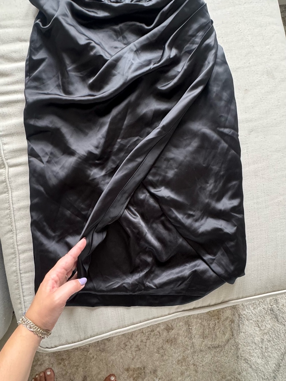 Bardot Black Strapless Satin Midi Dress with Side Drape - Picture 3 of 6